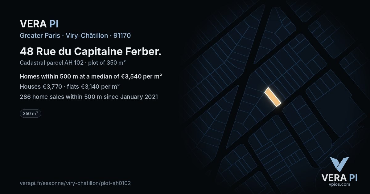 48 Rue du Capitaine Ferber, Viry-Châtillon at night – the plot lit, the parcels around coloured by the prices near them