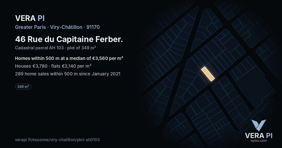 46 Rue du Capitaine Ferber, Viry-Châtillon at night – the plot lit, the parcels around coloured by the prices near them