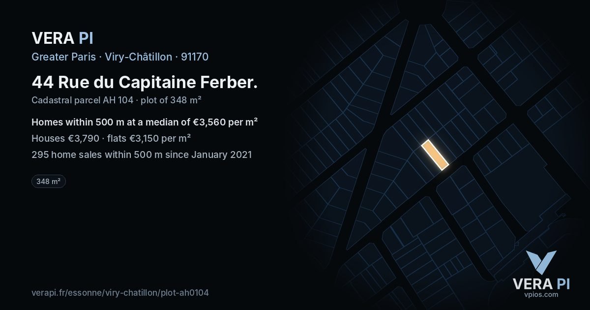 44 Rue du Capitaine Ferber, Viry-Châtillon at night – the plot lit, the parcels around coloured by the prices near them