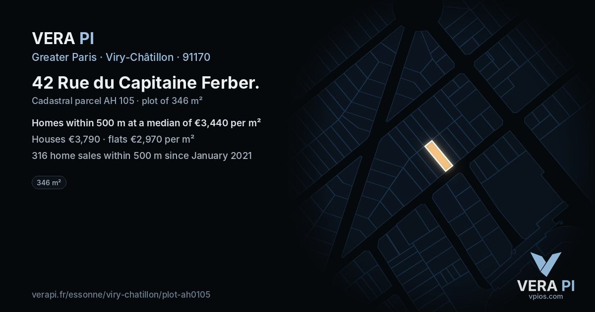 42 Rue du Capitaine Ferber, Viry-Châtillon at night – the plot lit, the parcels around coloured by the prices near them