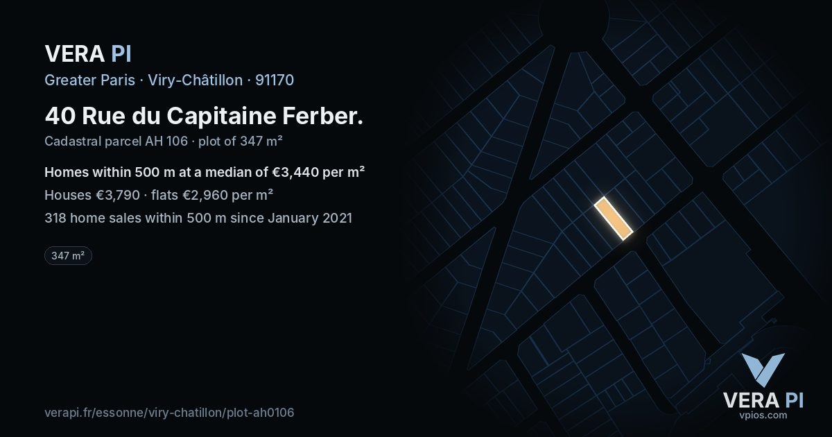 40 Rue du Capitaine Ferber, Viry-Châtillon at night – the plot lit, the parcels around coloured by the prices near them