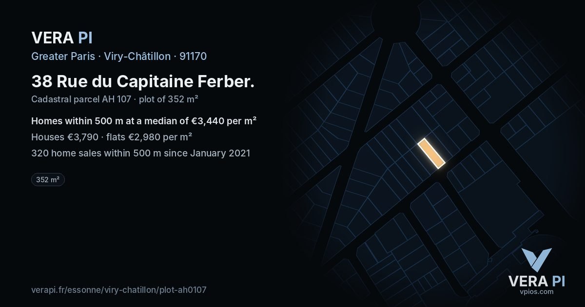 38 Rue du Capitaine Ferber, Viry-Châtillon at night – the plot lit, the parcels around coloured by the prices near them