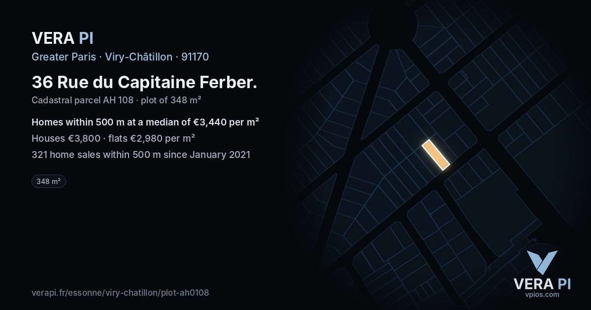 36 Rue du Capitaine Ferber, Viry-Châtillon at night – the plot lit, the parcels around coloured by the prices near them