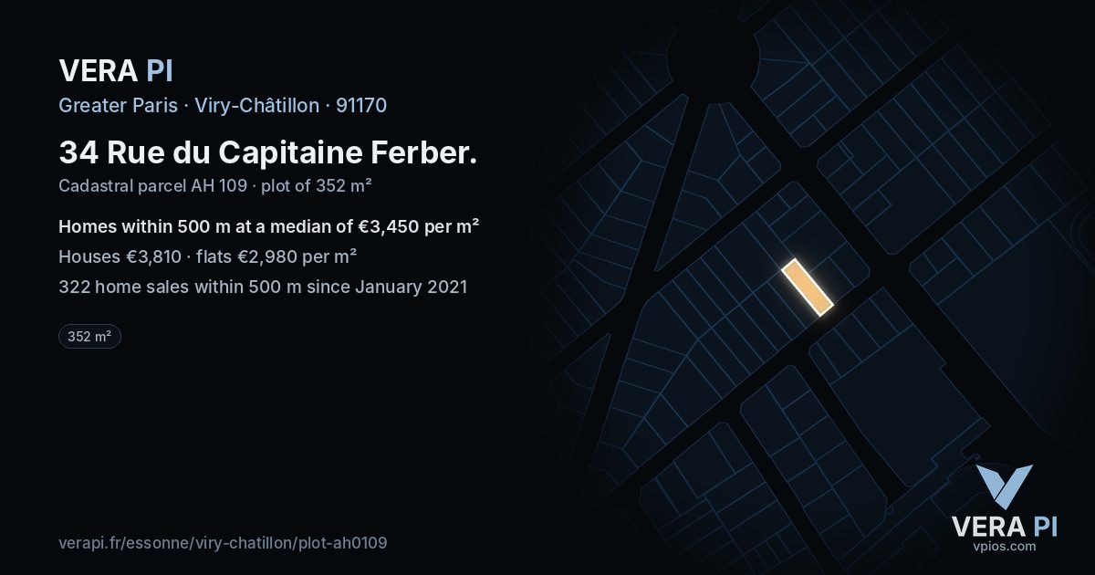 34 Rue du Capitaine Ferber, Viry-Châtillon at night – the plot lit, the parcels around coloured by the prices near them