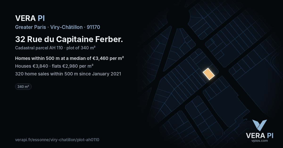 32 Rue du Capitaine Ferber, Viry-Châtillon at night – the plot lit, the parcels around coloured by the prices near them