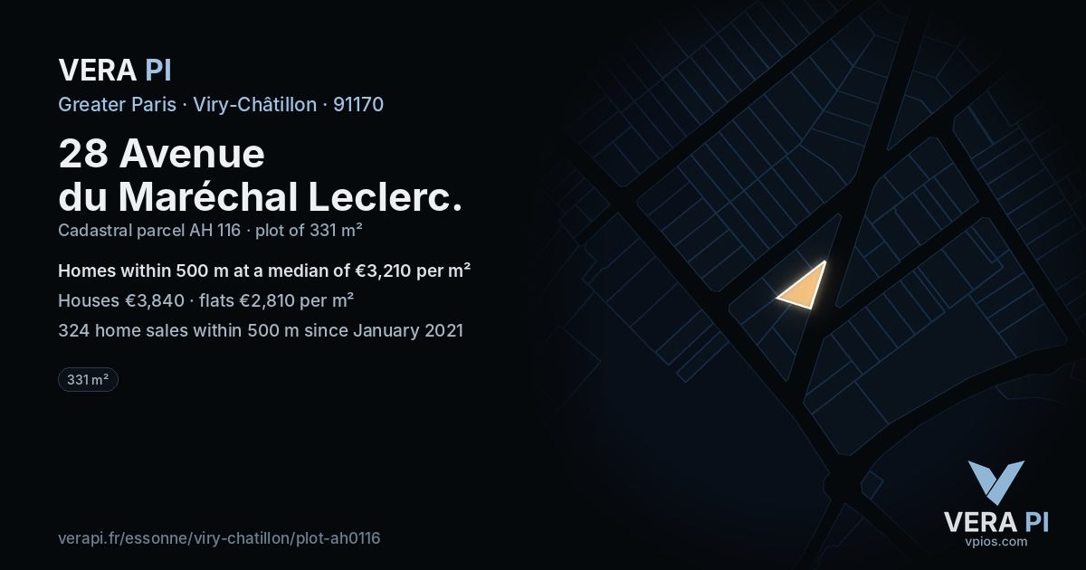 28 Avenue du Maréchal Leclerc, Viry-Châtillon at night – the plot lit, the parcels around coloured by the prices near them