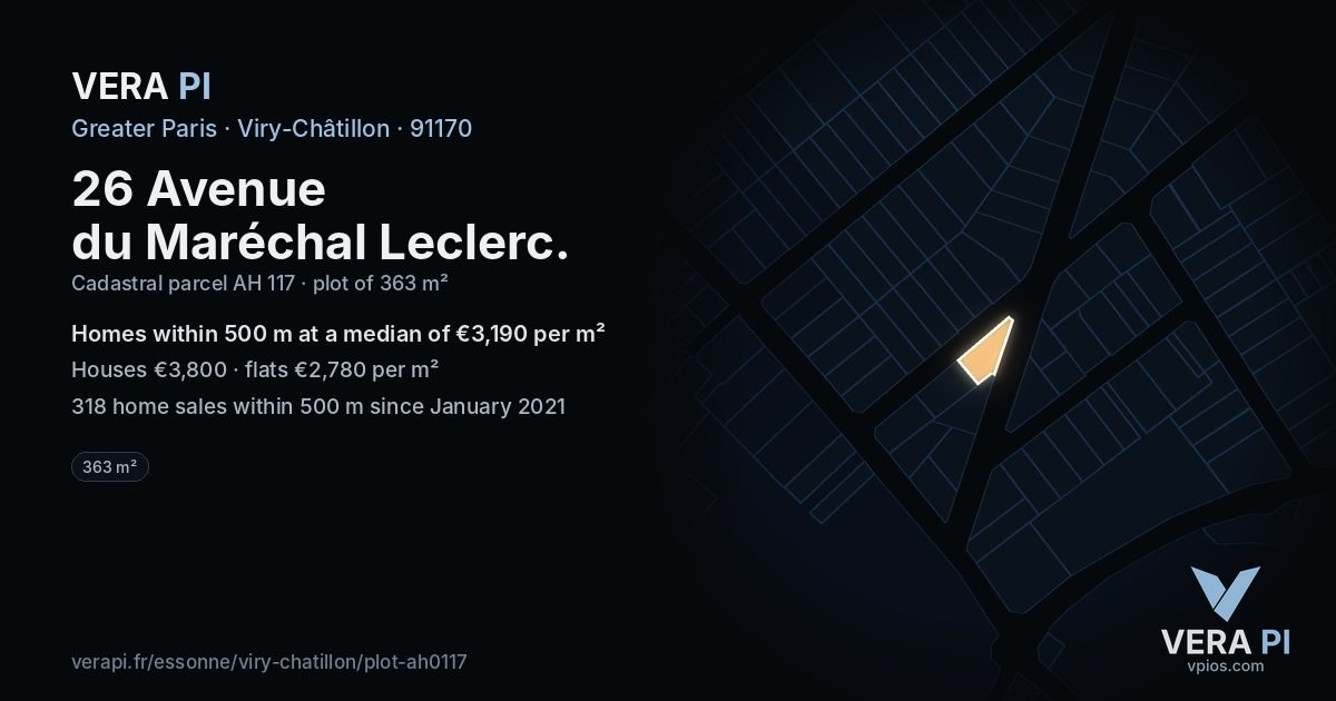 26 Avenue du Maréchal Leclerc, Viry-Châtillon at night – the plot lit, the parcels around coloured by the prices near them