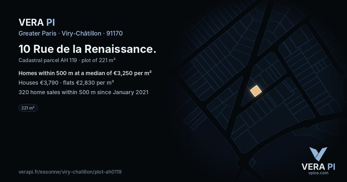 10 Rue de la Renaissance, Viry-Châtillon at night – the plot lit, the parcels around coloured by the prices near them