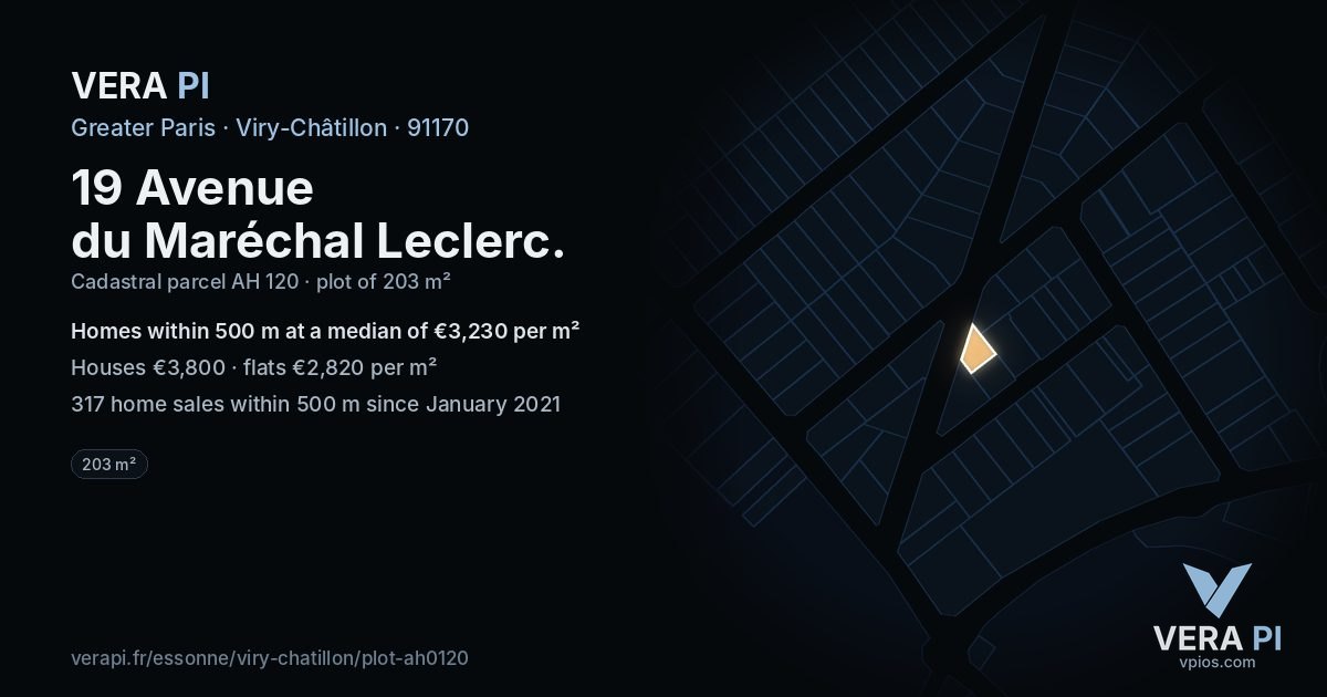19 Avenue du Maréchal Leclerc, Viry-Châtillon at night – the plot lit, the parcels around coloured by the prices near them