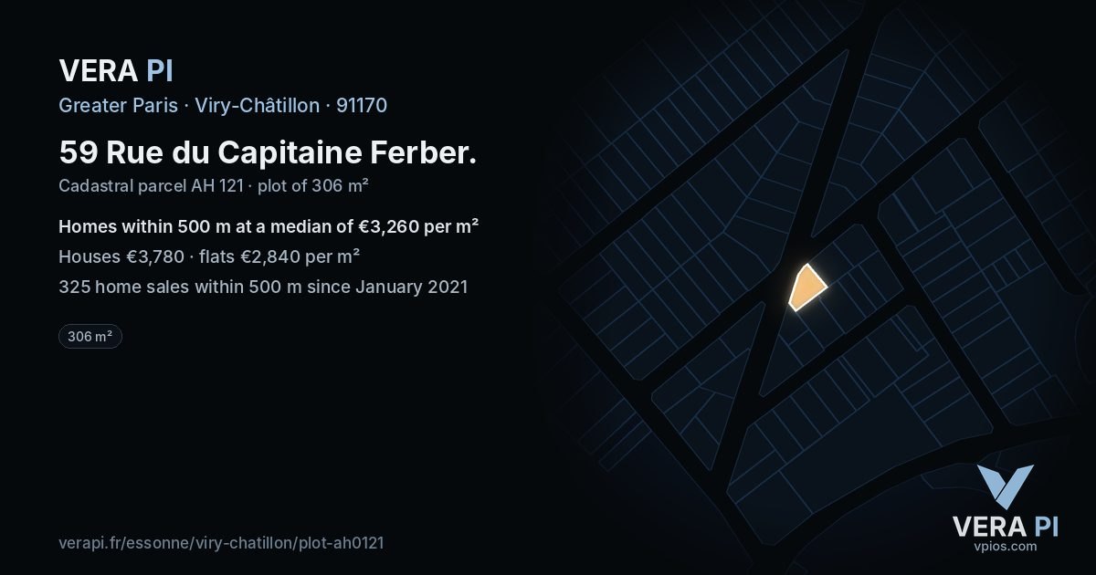 59 Rue du Capitaine Ferber, Viry-Châtillon at night – the plot lit, the parcels around coloured by the prices near them