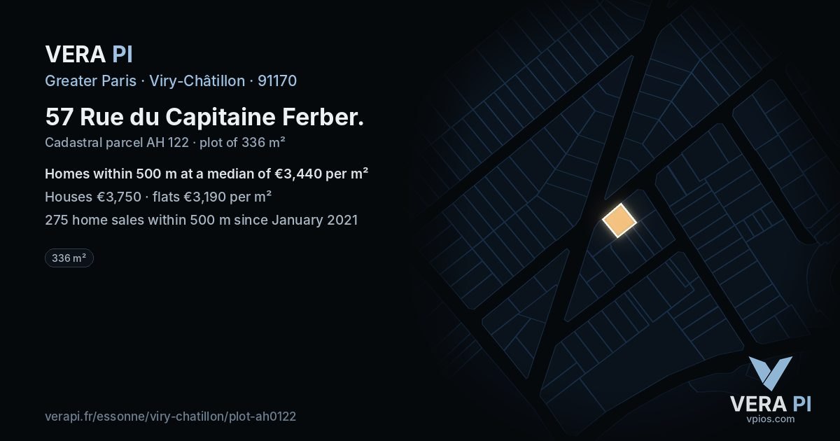 57 Rue du Capitaine Ferber, Viry-Châtillon at night – the plot lit, the parcels around coloured by the prices near them
