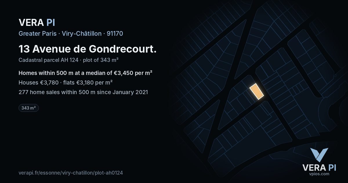 13 Avenue de Gondrecourt, Viry-Châtillon at night – the plot lit, the parcels around coloured by the prices near them