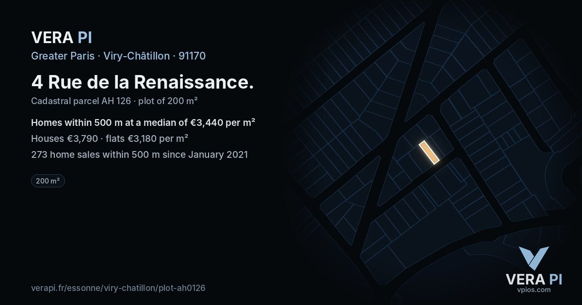 4 Rue de la Renaissance, Viry-Châtillon at night – the plot lit, the parcels around coloured by the prices near them