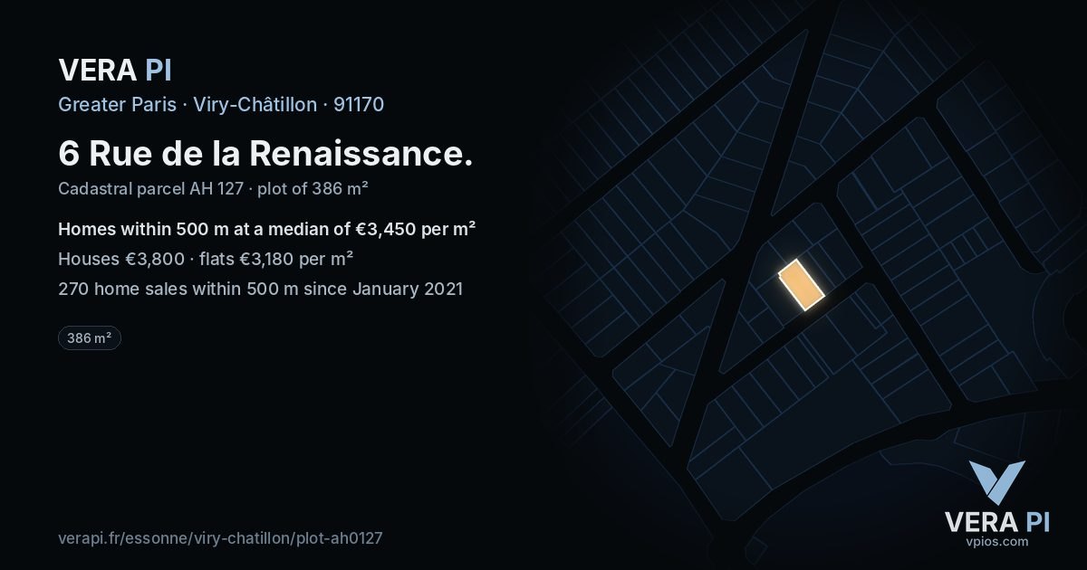 6 Rue de la Renaissance, Viry-Châtillon at night – the plot lit, the parcels around coloured by the prices near them