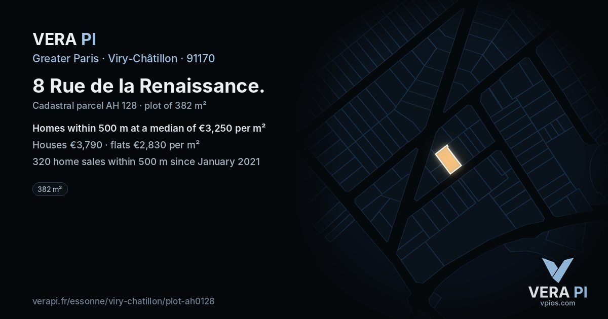 8 Rue de la Renaissance, Viry-Châtillon at night – the plot lit, the parcels around coloured by the prices near them