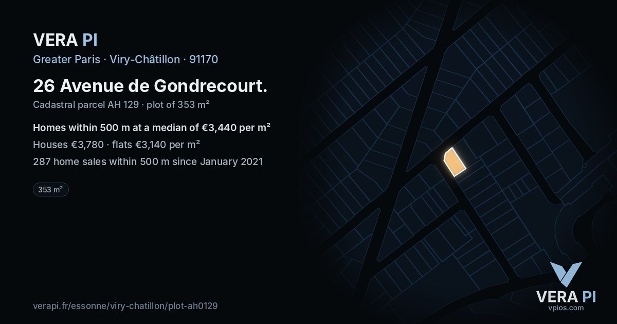 26 Avenue de Gondrecourt, Viry-Châtillon at night – the plot lit, the parcels around coloured by the prices near them