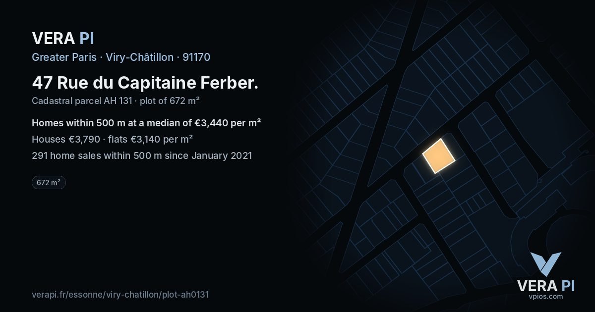 47 Rue du Capitaine Ferber, Viry-Châtillon at night – the plot lit, the parcels around coloured by the prices near them