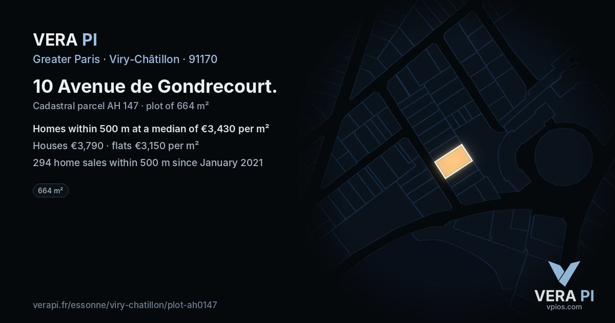 10 Avenue de Gondrecourt, Viry-Châtillon at night – the plot lit, the parcels around coloured by the prices near them