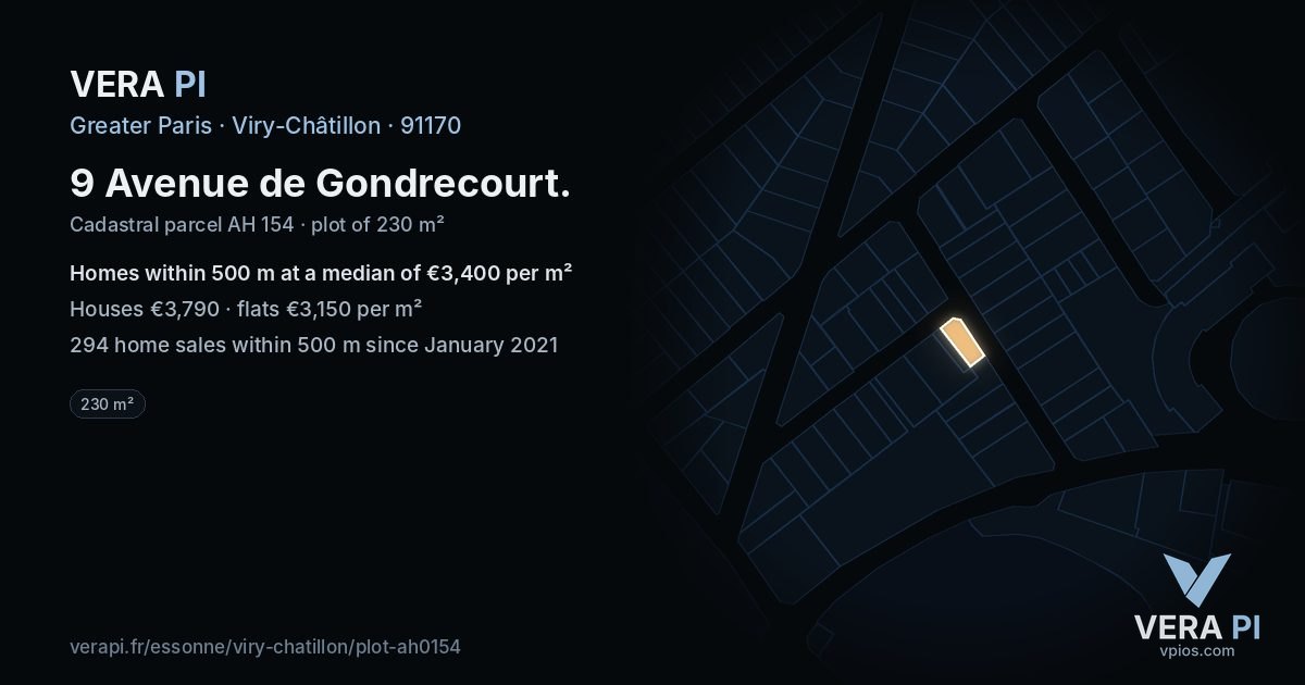 9 Avenue de Gondrecourt, Viry-Châtillon at night – the plot lit, the parcels around coloured by the prices near them