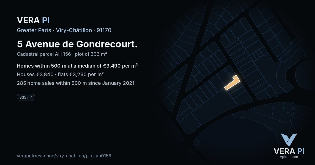 5 Avenue de Gondrecourt, Viry-Châtillon at night – the plot lit, the parcels around coloured by the prices near them