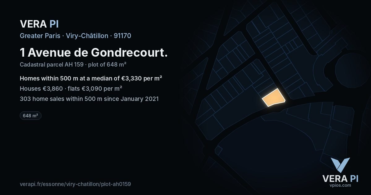1 Avenue de Gondrecourt, Viry-Châtillon at night – the plot lit, the parcels around coloured by the prices near them