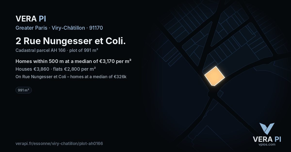 2 Rue Nungesser et Coli, Viry-Châtillon at night – the plot lit, the parcels around coloured by the prices near them