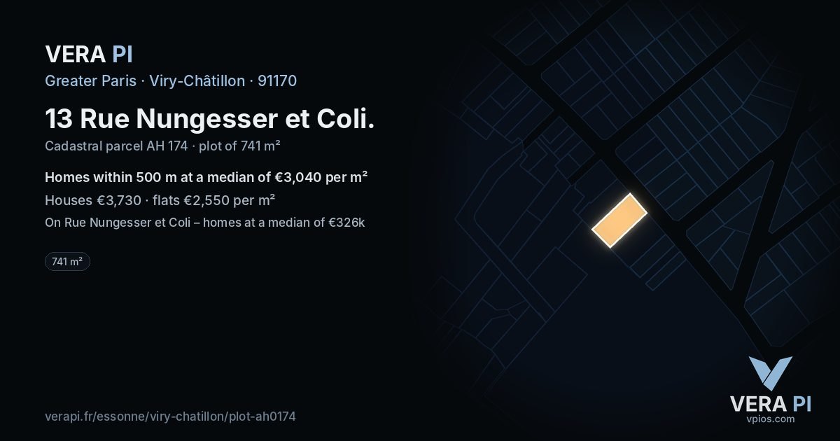 13 Rue Nungesser et Coli, Viry-Châtillon at night – the plot lit, the parcels around coloured by the prices near them