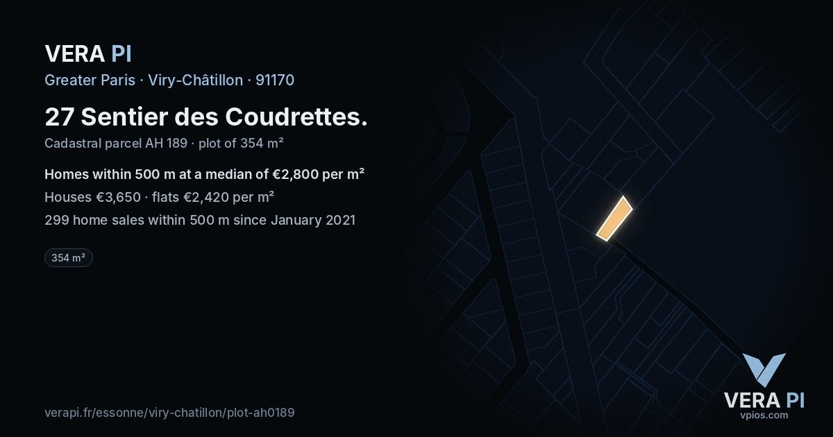 27 Sentier des Coudrettes, Viry-Châtillon at night – the plot lit, the parcels around coloured by the prices near them