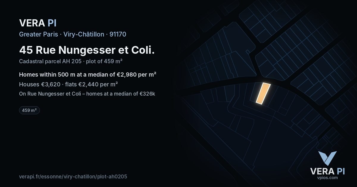 45 Rue Nungesser et Coli, Viry-Châtillon at night – the plot lit, the parcels around coloured by the prices near them