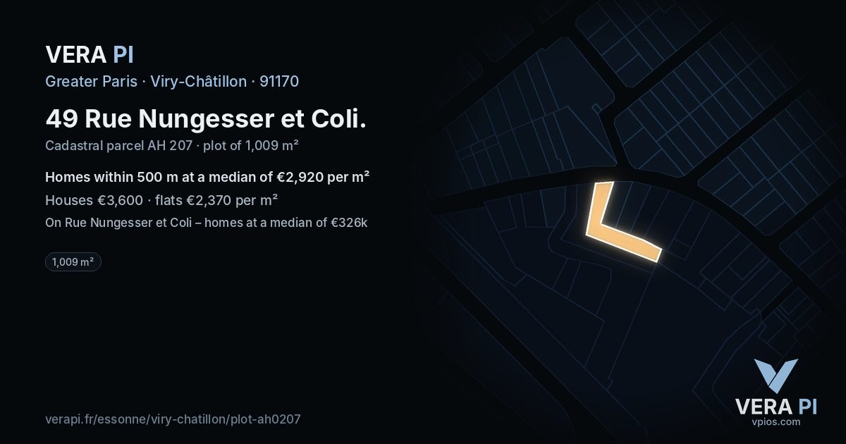 49 Rue Nungesser et Coli, Viry-Châtillon at night – the plot lit, the parcels around coloured by the prices near them