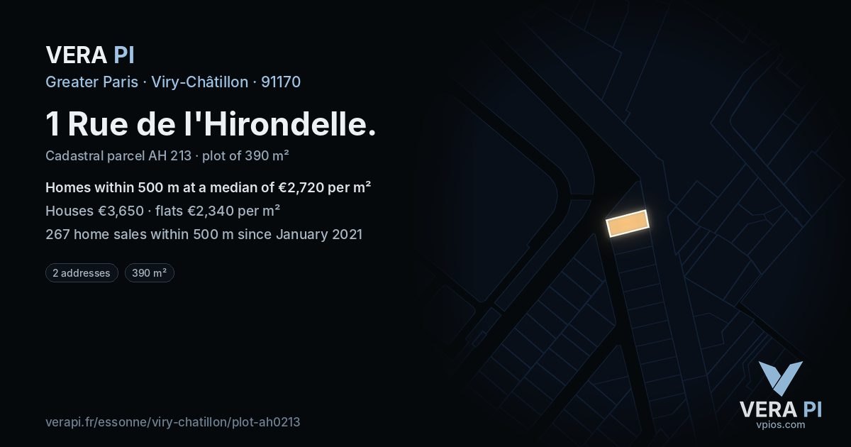1 Rue de l'Hirondelle, Viry-Châtillon at night – the plot lit, the parcels around coloured by the prices near them