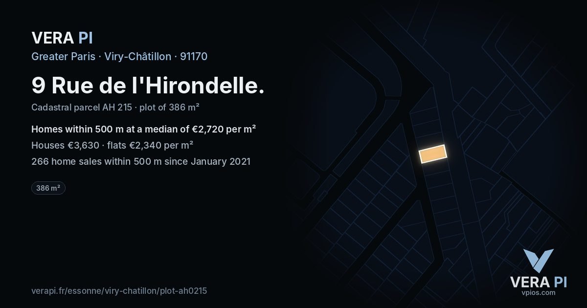 9 Rue de l'Hirondelle, Viry-Châtillon at night – the plot lit, the parcels around coloured by the prices near them
