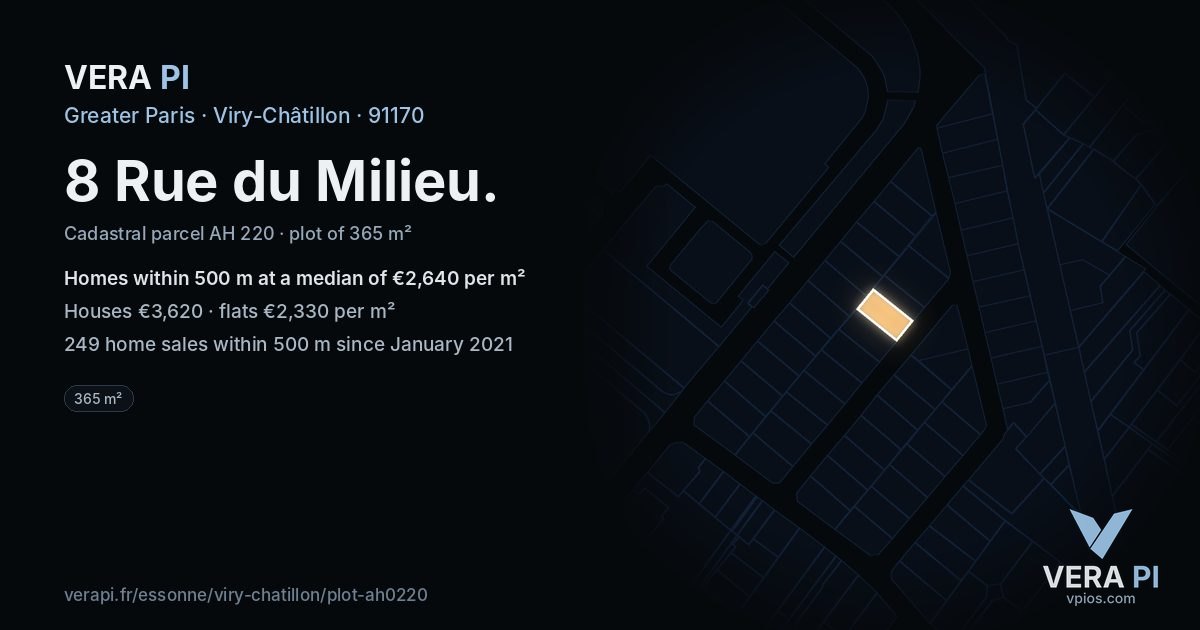 8 Rue du Milieu, Viry-Châtillon at night – the plot lit, the parcels around coloured by the prices near them