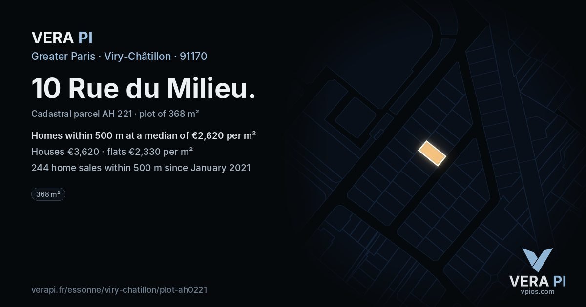10 Rue du Milieu, Viry-Châtillon at night – the plot lit, the parcels around coloured by the prices near them