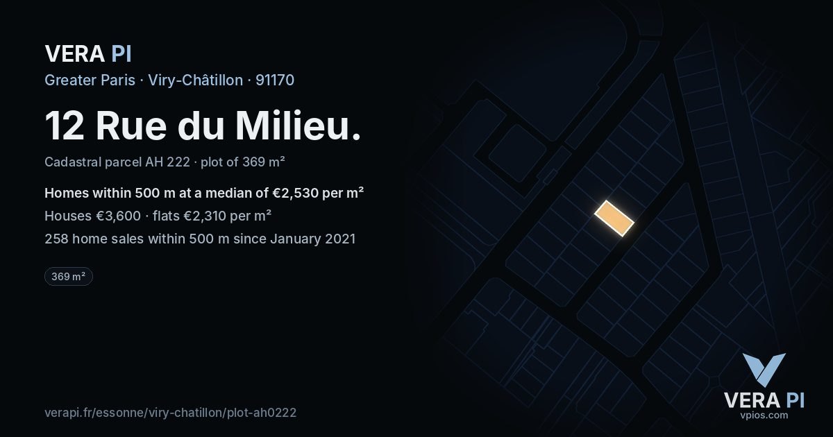 12 Rue du Milieu, Viry-Châtillon at night – the plot lit, the parcels around coloured by the prices near them
