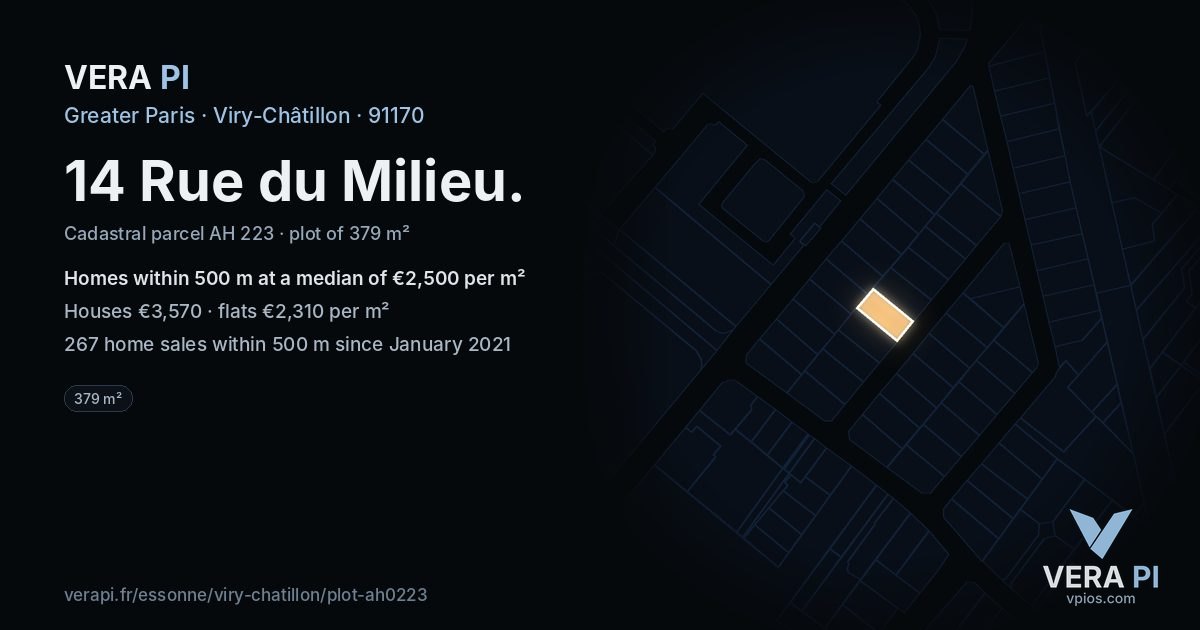 14 Rue du Milieu, Viry-Châtillon at night – the plot lit, the parcels around coloured by the prices near them