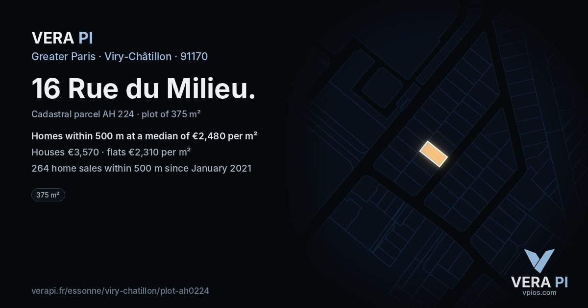 16 Rue du Milieu, Viry-Châtillon at night – the plot lit, the parcels around coloured by the prices near them