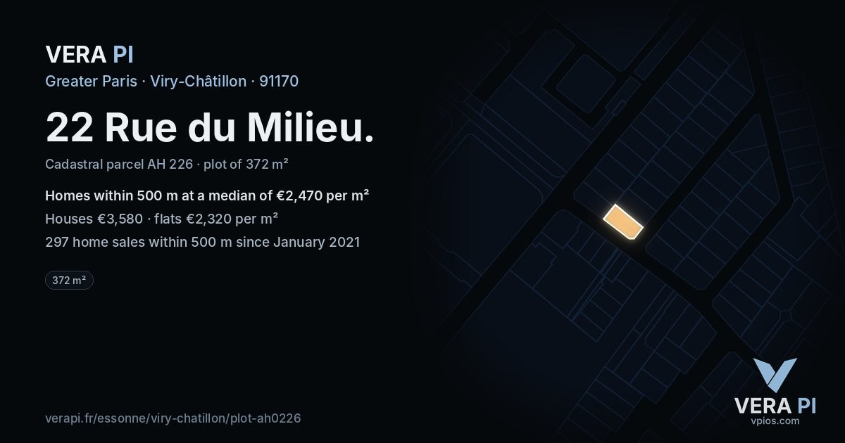 22 Rue du Milieu, Viry-Châtillon at night – the plot lit, the parcels around coloured by the prices near them
