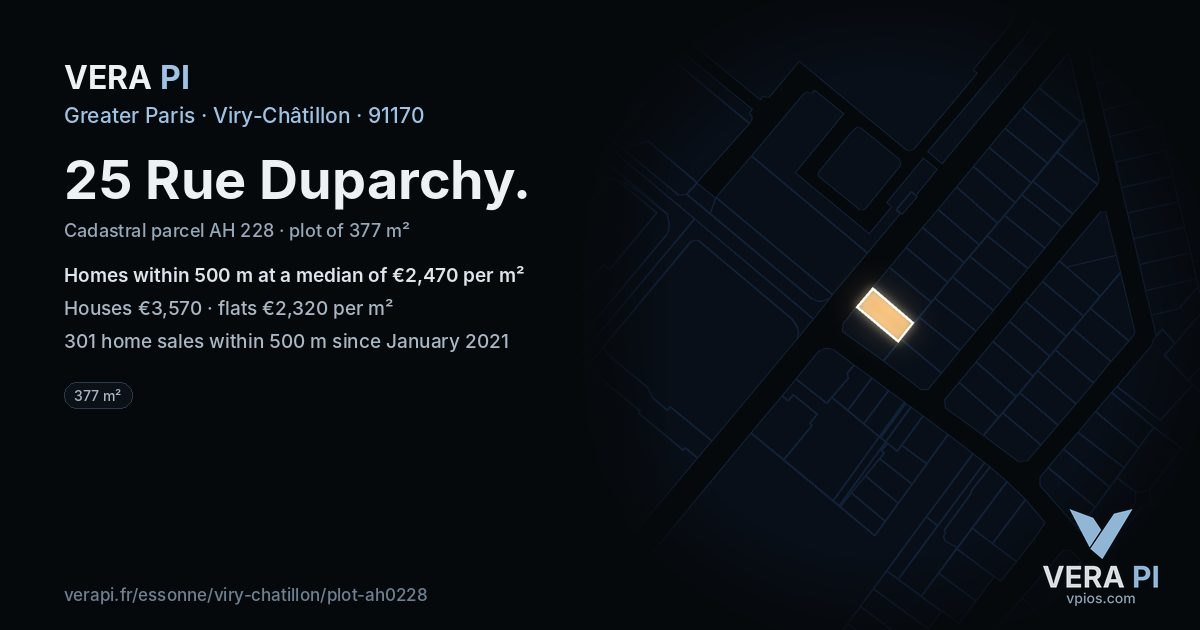 25 Rue Duparchy, Viry-Châtillon at night – the plot lit, the parcels around coloured by the prices near them