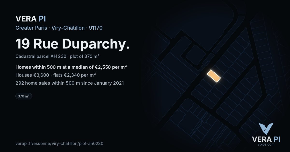 19 Rue Duparchy, Viry-Châtillon at night – the plot lit, the parcels around coloured by the prices near them