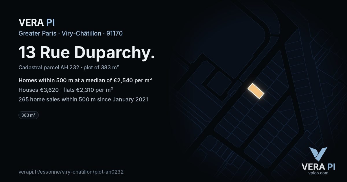 13 Rue Duparchy, Viry-Châtillon at night – the plot lit, the parcels around coloured by the prices near them