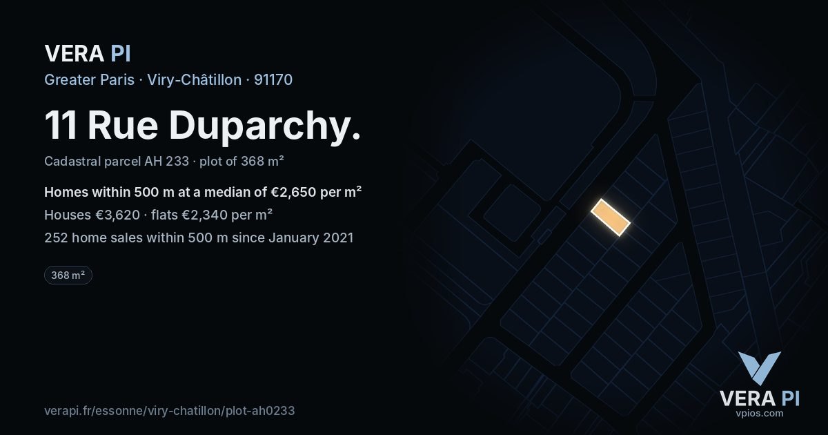11 Rue Duparchy, Viry-Châtillon at night – the plot lit, the parcels around coloured by the prices near them