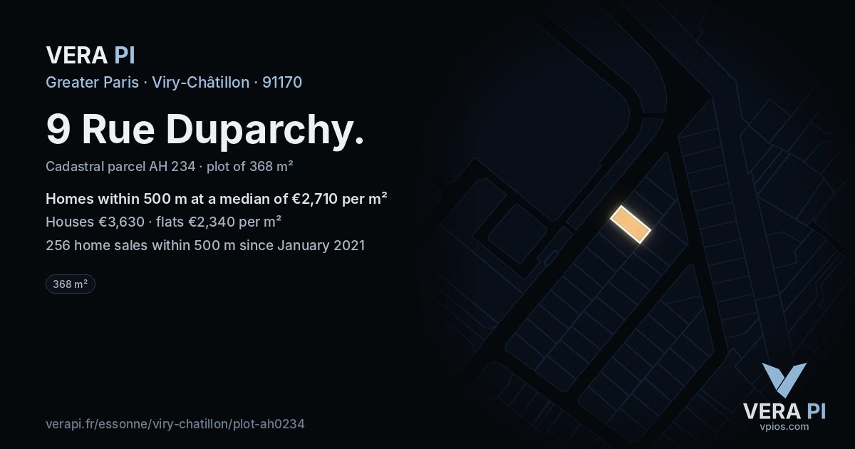 9 Rue Duparchy, Viry-Châtillon at night – the plot lit, the parcels around coloured by the prices near them