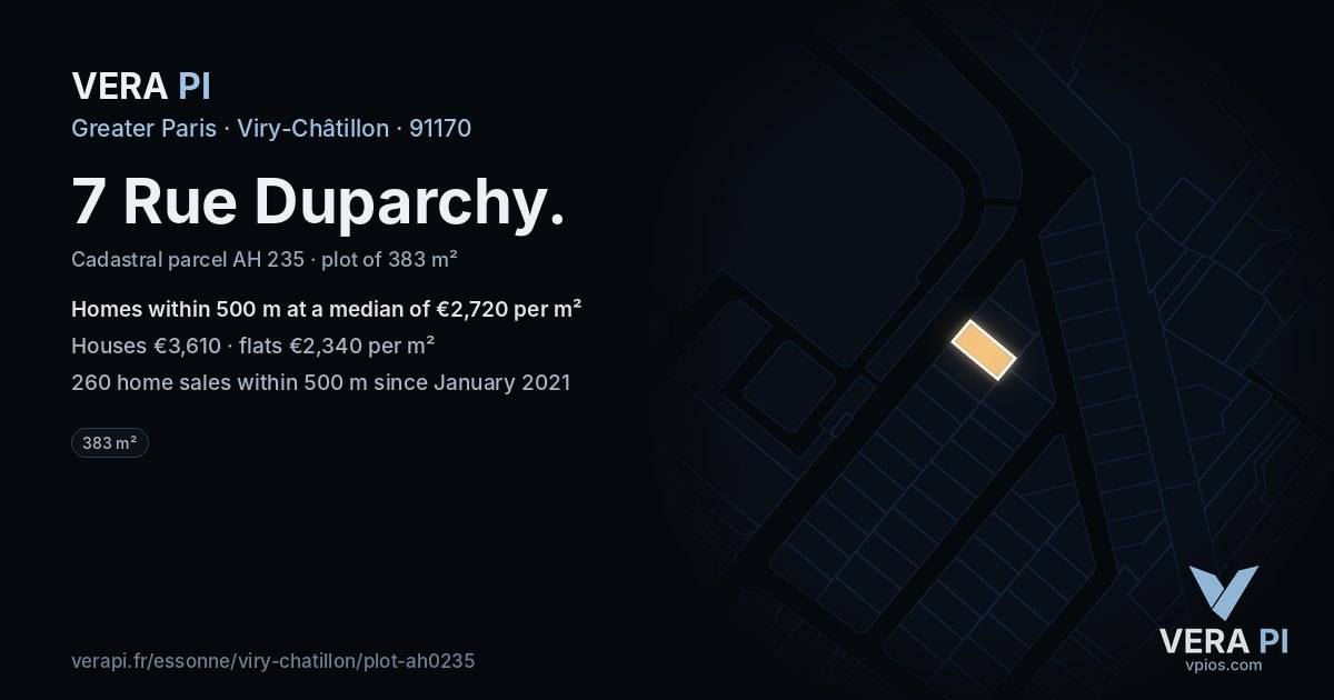 7 Rue Duparchy, Viry-Châtillon at night – the plot lit, the parcels around coloured by the prices near them