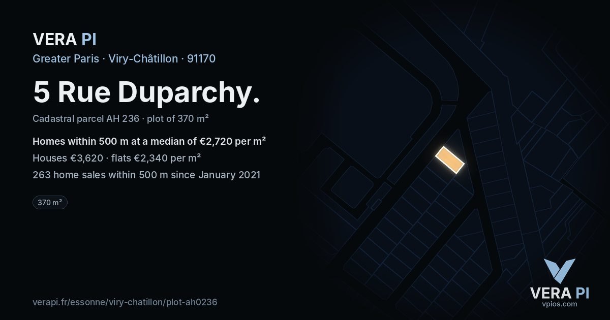 5 Rue Duparchy, Viry-Châtillon at night – the plot lit, the parcels around coloured by the prices near them