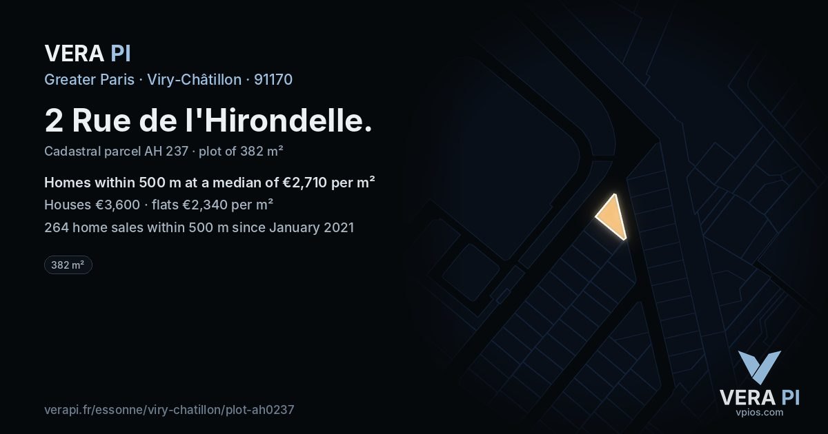 2 Rue de l'Hirondelle, Viry-Châtillon at night – the plot lit, the parcels around coloured by the prices near them