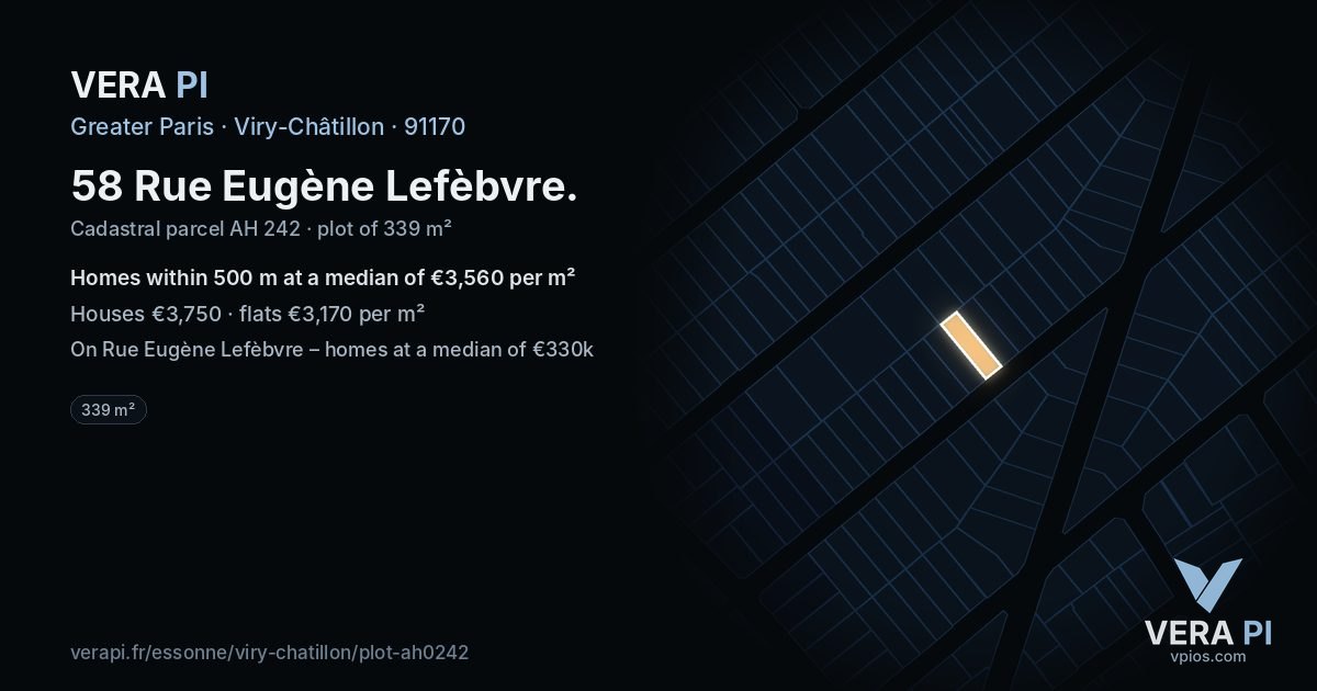 58 Rue Eugène Lefèbvre, Viry-Châtillon at night – the plot lit, the parcels around coloured by the prices near them
