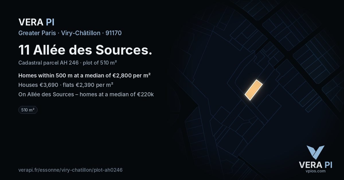 11 Allée des Sources, Viry-Châtillon at night – the plot lit, the parcels around coloured by the prices near them