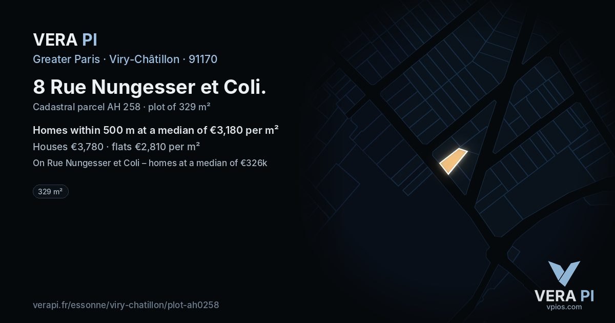 8 Rue Nungesser et Coli, Viry-Châtillon at night – the plot lit, the parcels around coloured by the prices near them