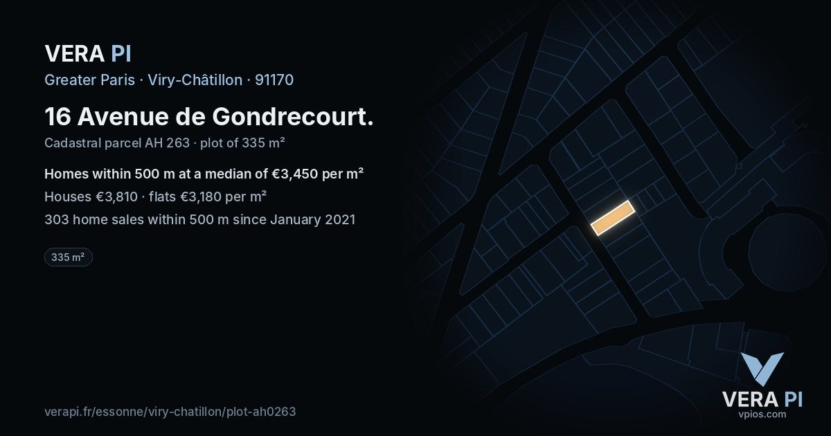 16 Avenue de Gondrecourt, Viry-Châtillon at night – the plot lit, the parcels around coloured by the prices near them